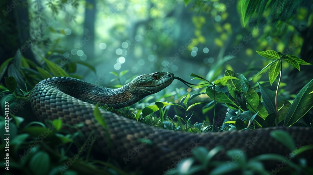 Fototapeta premium A snake slithers through a lush green forest