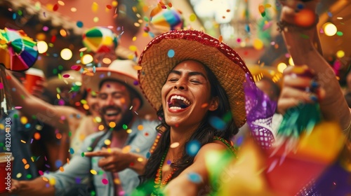 People in sombreros and shaking maracas celebrate with confetti in the air at a lively Cinco de Mayo fiesta