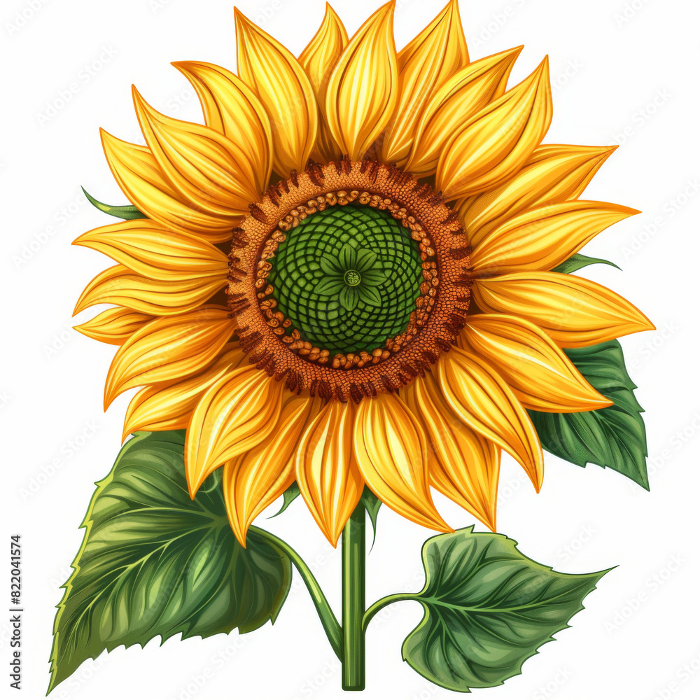 Fototapeta premium A vividly detailed illustration of a sunflower with bright yellow petals and lush green leaves.