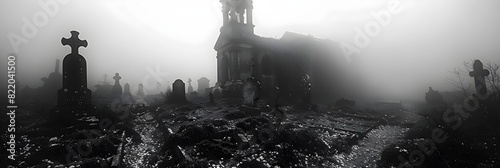 Eerie Fog of Halloween Night Creeping Through a Graveyard on All Hallows Eve photo
