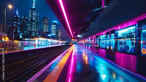 A modern train station at night  with neon lights illuminating the platforms and a train parked on the tracks