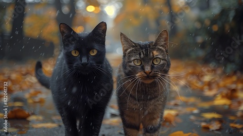 Fateful Encounter of Black Cats in Creepy Halloween Alleyway © prasong.