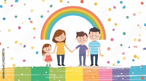 Minimal cartoon vector of an LGBTQ family holding hands, with a simple rainbow background Generative AI