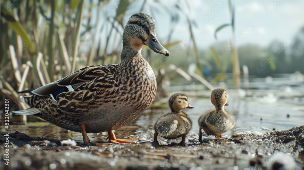 A mother duck with her two young ducklings. Suitable for family and nature themes A mother duck with her two young ducklings. Suitable for family and nature themes