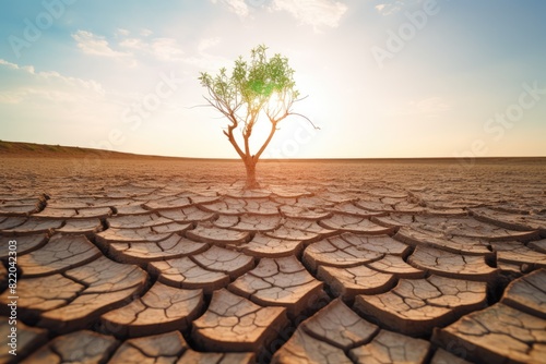 A single tree with green leaves stands resiliently in a cracked desert, a powerful symbol of hope and survival. Lone Tree Growing in Cracked Desert Landscape