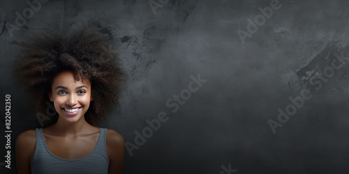 Charcoal background Happy black independant powerful Woman Portrait of young beautiful Smiling girl good mood Isolated on Background Skin Care Face Beauty Product 