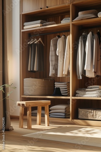 A closet filled with clothes and a stool inside. Suitable for interior design concepts