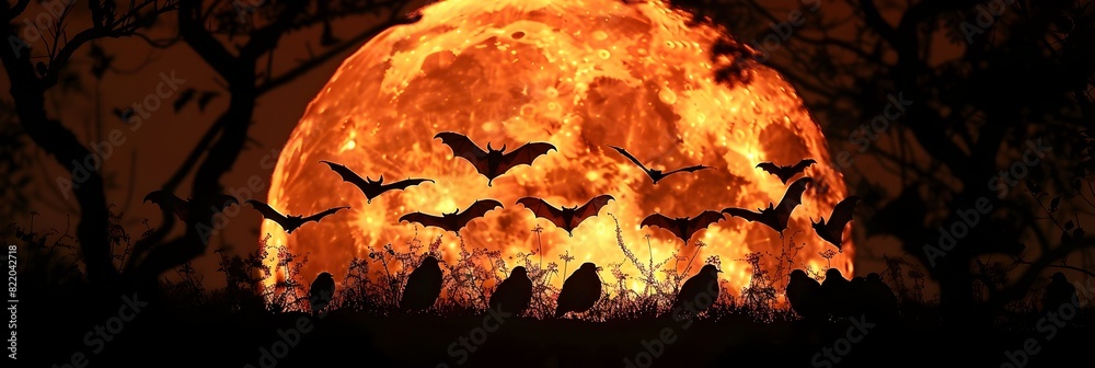Fototapeta premium Halloween Bats Flocking Around the Full Moon in a Haunted Graveyard