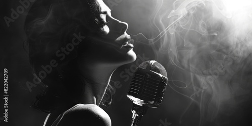 A woman singing into a microphone with smoke coming out of it. Suitable for music industry promotions photo