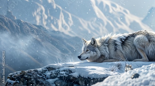 An outstanding view of lonely wolf sitting on the top of snow mountain
