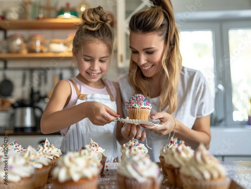 A mother and daughter joyfully decorate cupcakes together in a cozy kitchen, creating a moment of shared creativity and bonding photo