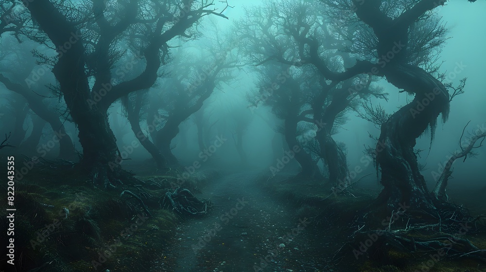 Halloween Forest A Veil of Fog Shrouds Twisted Skeletal Trees Amidst the Autumn Leaf Change