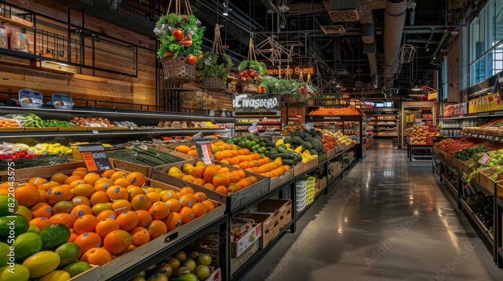 A surveillance camera captures a grocery store brimming with fresh produce, including vibrant fruits and vegetables neatly displayed