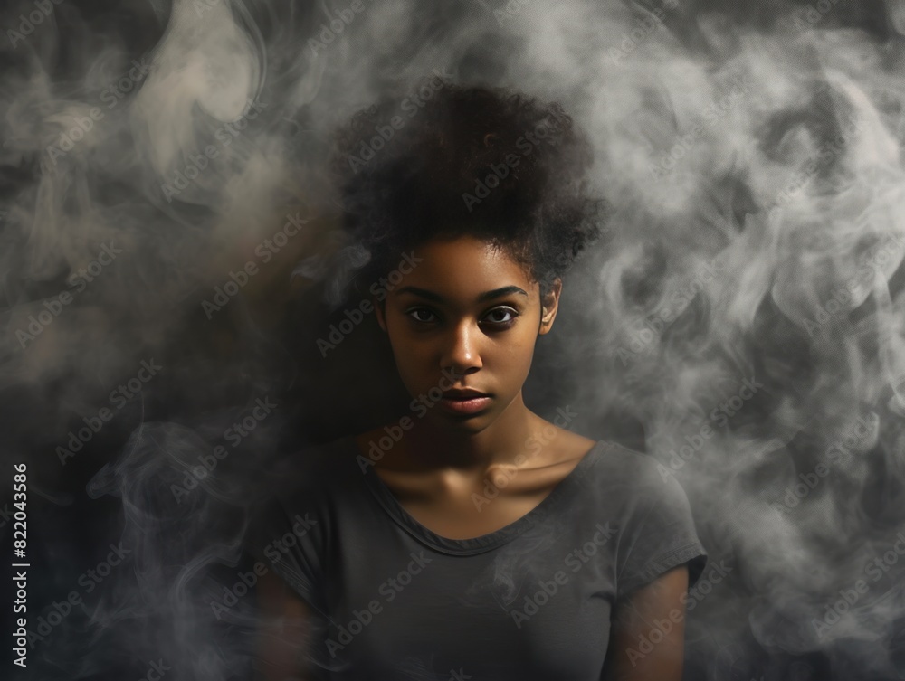 Charcoal background sad black independant powerful Woman realistic person portrait of young beautiful bad mood expression girl Isolated on Background racism