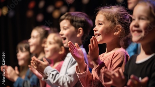 Young children on stage, clapping happily after a successful theater performance photo