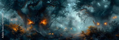 Halloween Forest at Dusk A Dramatic Oil Painting of a MistShrouded Path and Gnarled Trees with Glowing Eyes Peering from the Dark Shadows photo