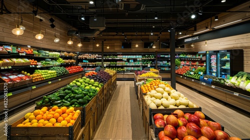 A grocery store bustling with customers, showcasing an abundant variety of fresh fruits and vegetables neatly arranged in the produce section