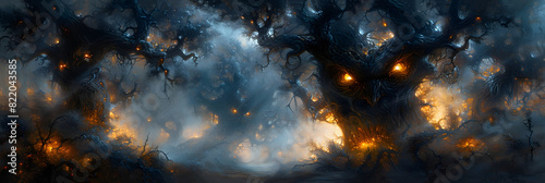 Halloween Forest at Dusk A Dramatic Oil Painting of a MistShrouded Path and Gnarled Trees with Glowing Eyes