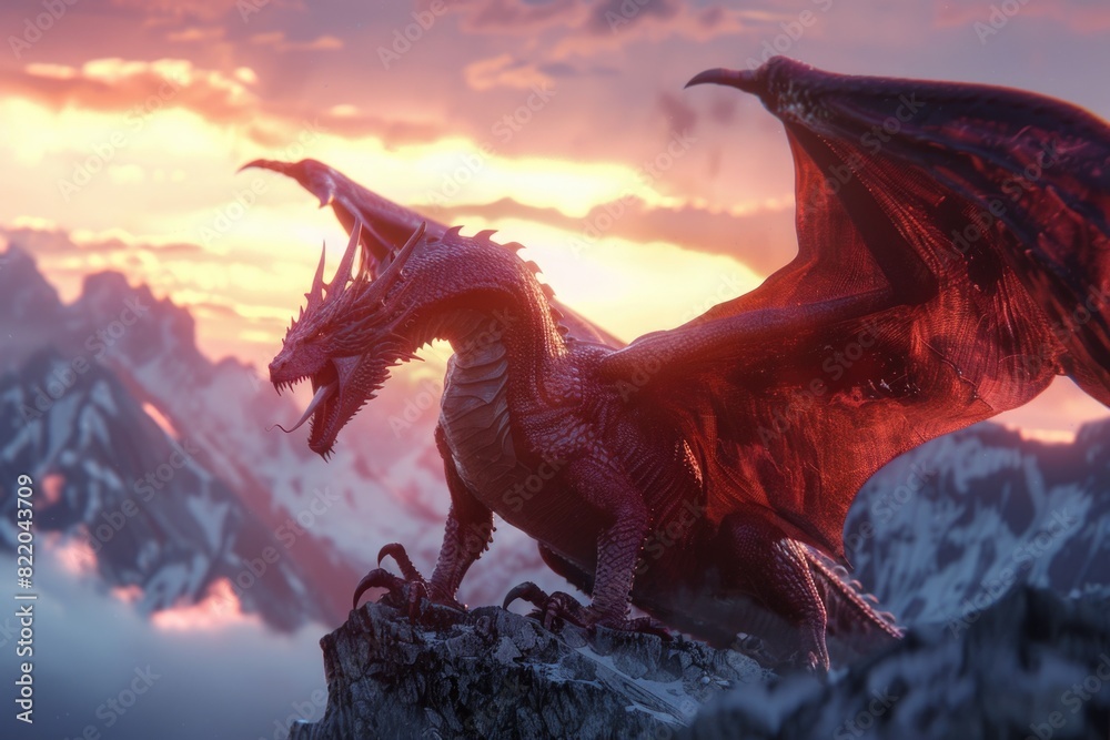 Majestic red dragon standing proudly on a mountain peak. Perfect for ...