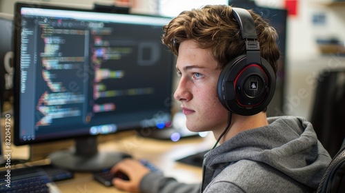 A young man immersed in coding on a computer while wearing headphones to focus on his work © Ilia Nesolenyi