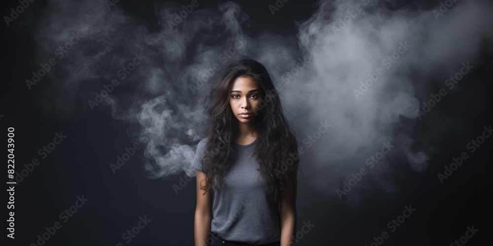 Charcoal background sad black independant powerful Woman realistic person portrait of young beautiful bad mood expression girl Isolated on Background racism
