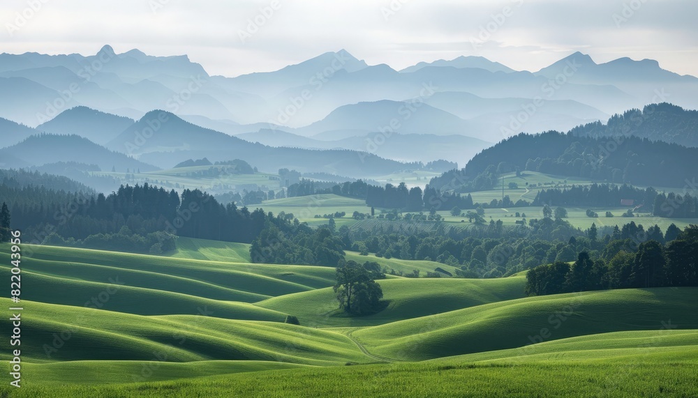 Fototapeta premium Mountain Landscape with Sky: A serene scene of misty mountains, green hills, and a vibrant sky at sunrise, showcasing the beauty of nature