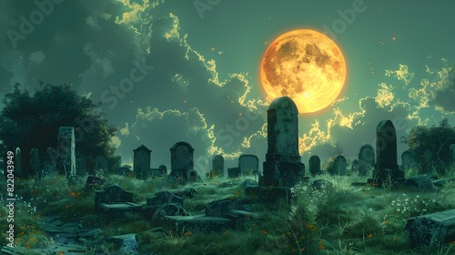Halloween Graveyard at Midnight Tombstones Casting Long Shadows Beneath the Moons Piercing Gaze