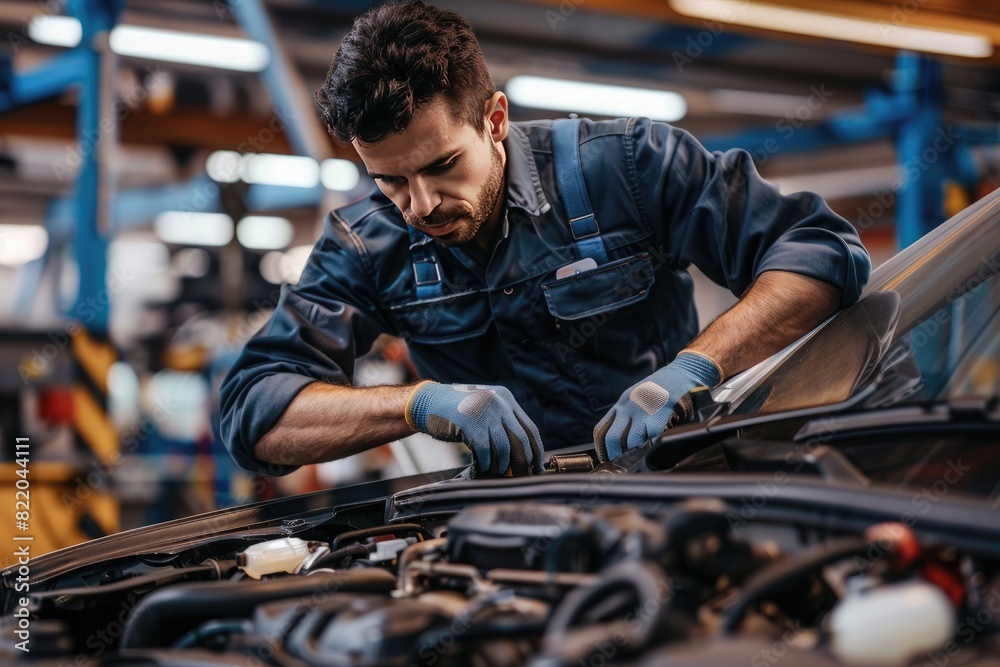 Mechanic at work in auto repair shop, fixing car engine Mechanic at work in auto repair shop, fixing car engine