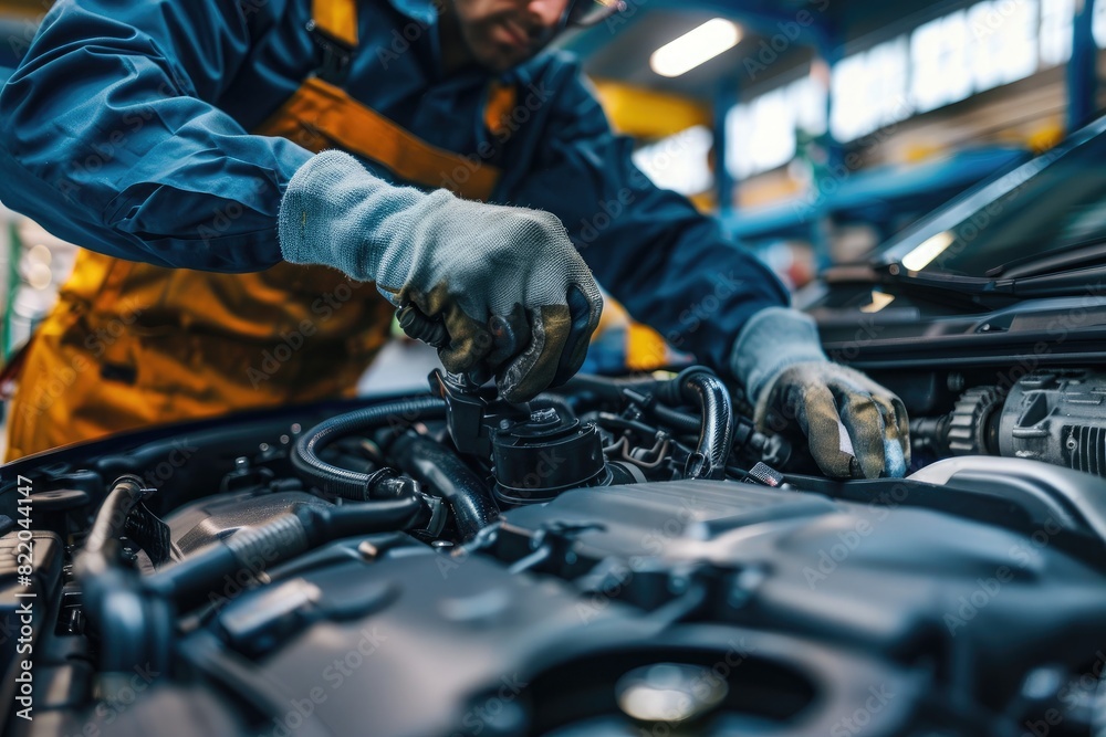 Mechanic at work in auto repair shop, fixing car engine