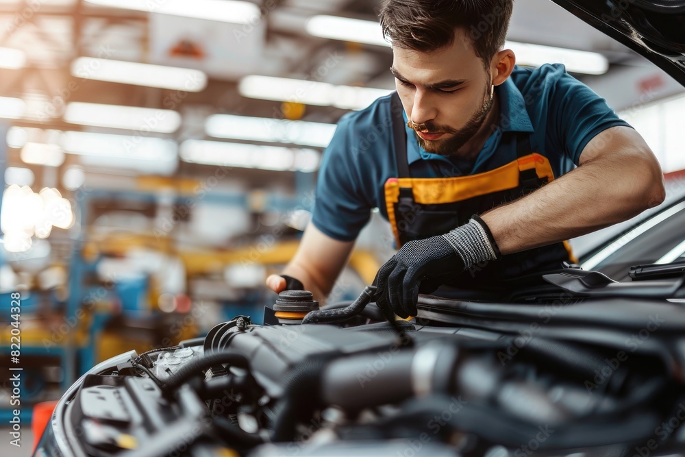 Mechanic at work in auto repair shop, fixing car engine Mechanic at work in auto repair shop, fixing car engine