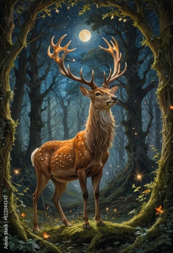painting of a deer in a forest with a full moon © Azrul Uzmi