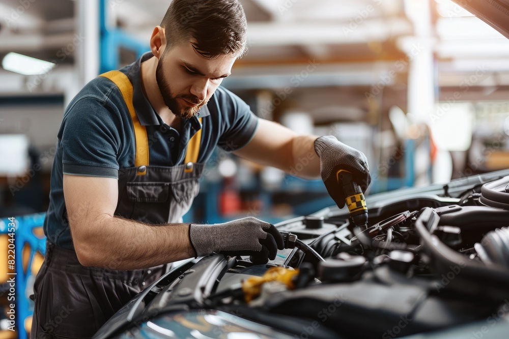 Mechanic at work in auto repair shop, fixing car engine Mechanic at work in auto repair shop, fixing car engine
