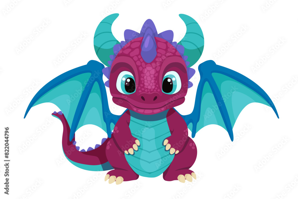 Fototapeta premium Adorable Cartoon Baby Dragon with a Playful Expression on a White Background. Chinese New Year. Baby fire dragon or dinosaur cute character isolated vector. Fairytale monster