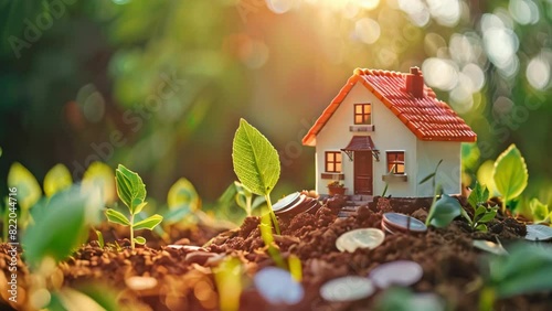 Invest in real estate. Plants growing with money coins near small house on green nature background in sunlight. Mortgage home loan, investment income photo