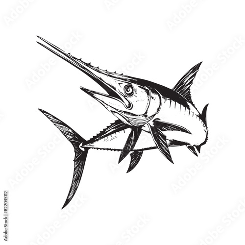 black and white hand drawn illustration of sword fish isolated on white. Hand made, vector