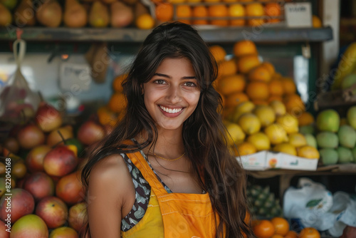 young indian woman standing at fruit shop