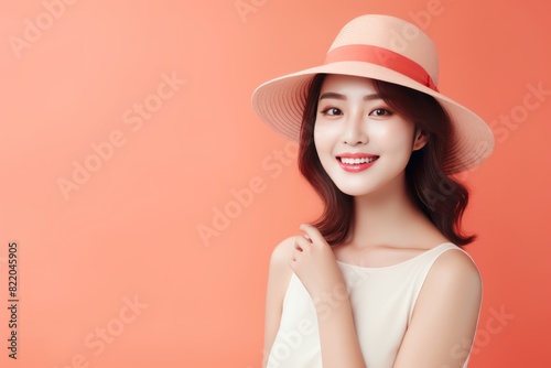 Coral background Happy Asian Woman Portrait of young beautiful Smiling Woman good mood Isolated on Background Skin Care Face Beauty Product Banner with copyspace