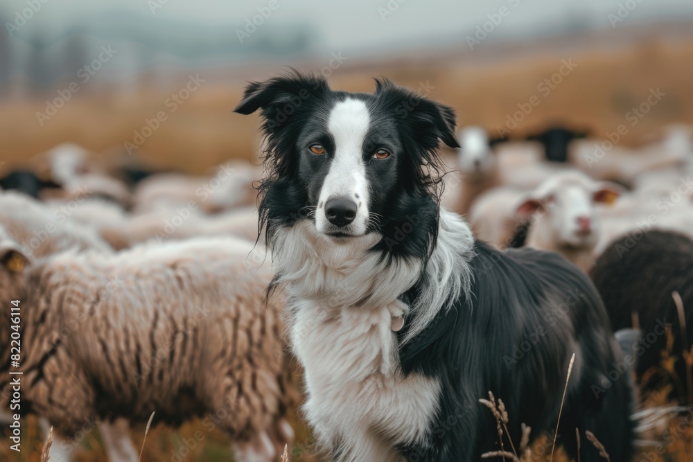 A black and white dog standing in front of a herd of sheep. Suitable for farm or animal related projects
