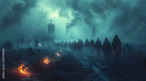 Halloween Night Horror A Zombie Horde Lurking Through a FogShrouded Graveyard