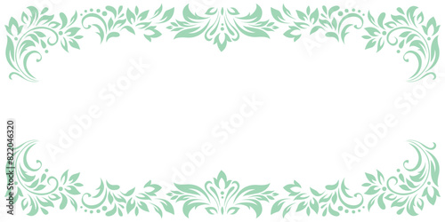 Vintage frame, border of stylized leaves, flowers and curls in light green lines on white background. Horizontal top and bottom edging, decoration. Vector backdrop, wallpaper