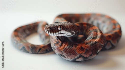 A close-up view of a snake on a white surface. Ideal for educational materials or wildlife-themed projects