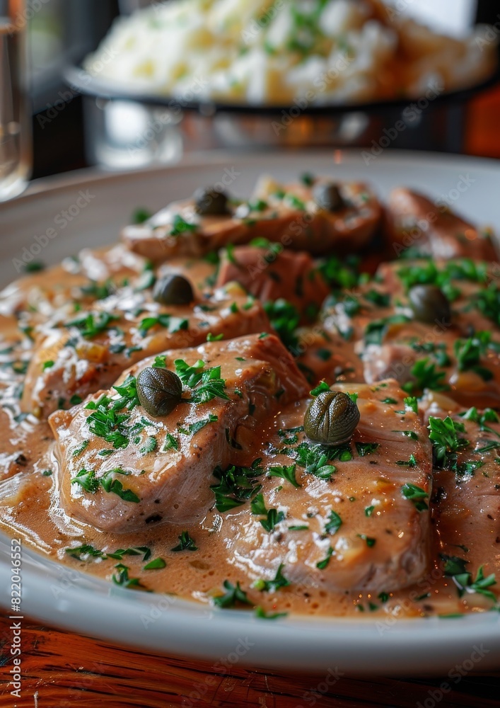 Vitello Tonnato: Thin slices of veal with a creamy tuna sauce, garnished with capers and parsley. Vitello Tonnato: Thin slices of veal with a creamy tuna sauce, garnished with capers and parsley.