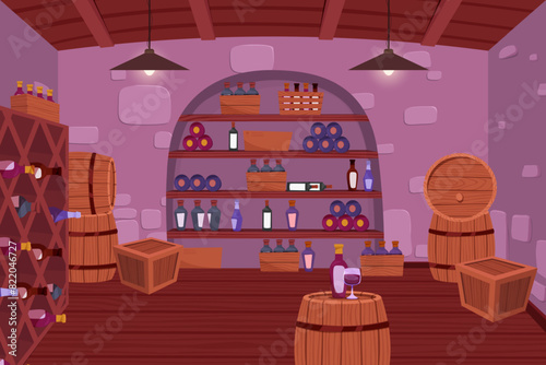 Wine cellar interior. Alcohol shelving with wine champagne barrel in castle basement. Wine shop, cellar interior with wooden barrels, shelves with glass bottles photo
