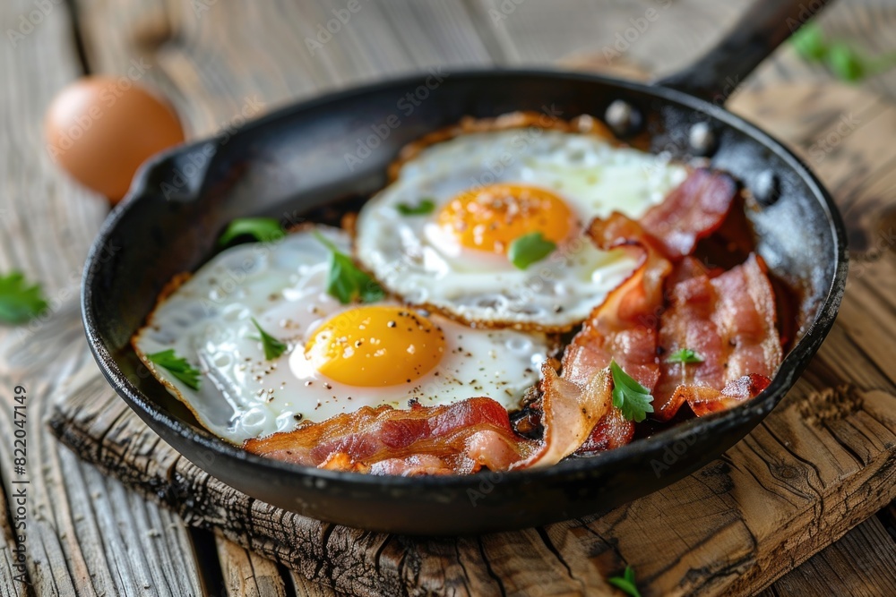 Fried eggs with bacon in a pan on a wooden table.
