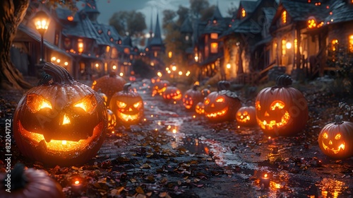 Halloween Night TrickorTreating Through a Whimsical Neighborhood Illuminated by Carved Pumpkins