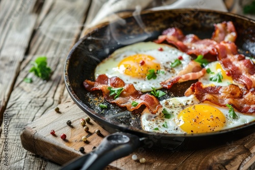 Breakfast with fried eggs and bacon in a pan.