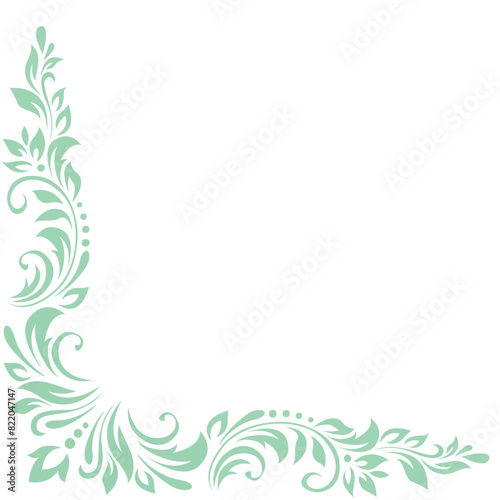 Abstract pattern, decorative element, clip art with stylized leaves, flowers and curls in light green lines on white background. Corner vintage ornament, border, frame
