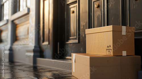 Cardboard boxes near door. Parcel delivery service photo