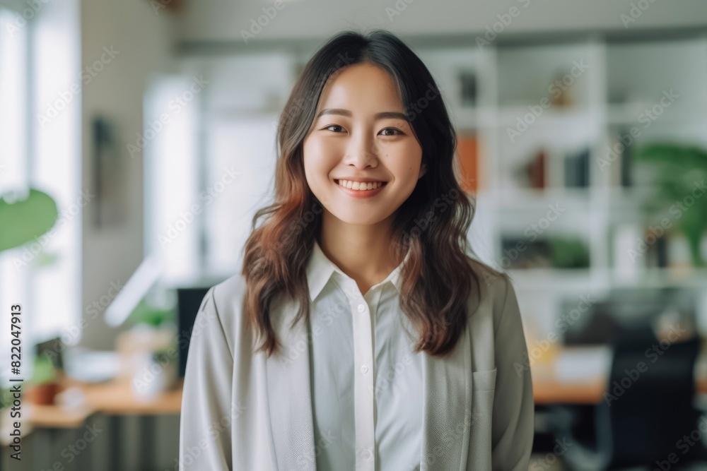 A young, happy businesswoman in a modern office, a beautiful manager, adorned with a smile, immersed in her work at the workplace. Generative AI.