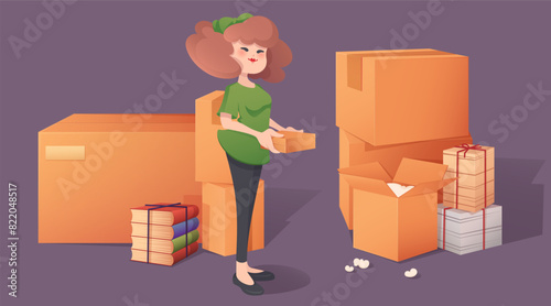 Woman with home stuff in box. Move with package to new house or office concept illustration. Container stack for delivery and female character set. Relocation furniture and moving. Belongings to sell